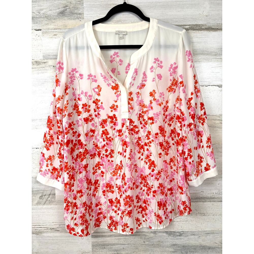 Talbots Womens L White Pink Sheer Floral Popover Lightweight Blouse